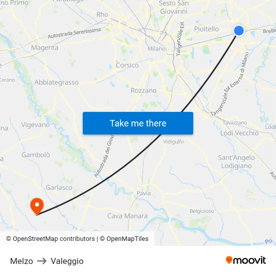 Melzo to Valeggio map