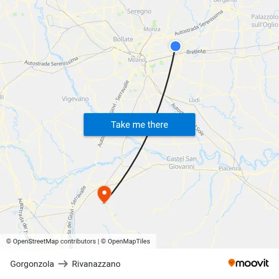 Gorgonzola to Rivanazzano map