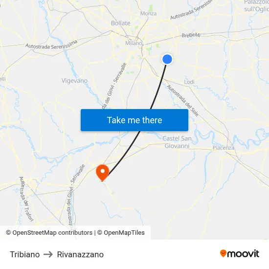 Tribiano to Rivanazzano map
