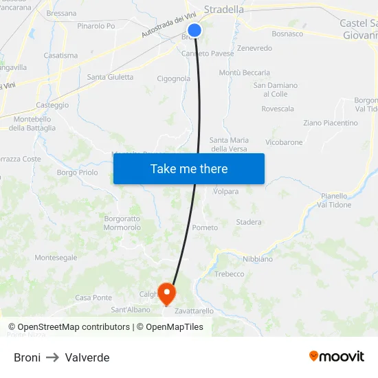 Broni to Valverde map