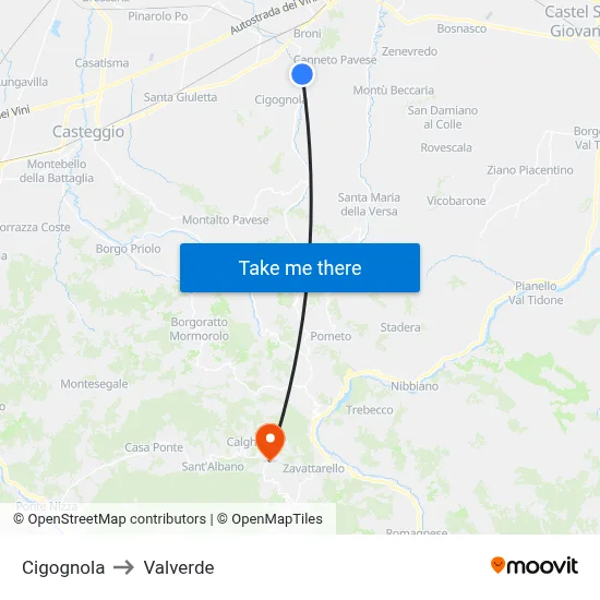 Cigognola to Valverde map