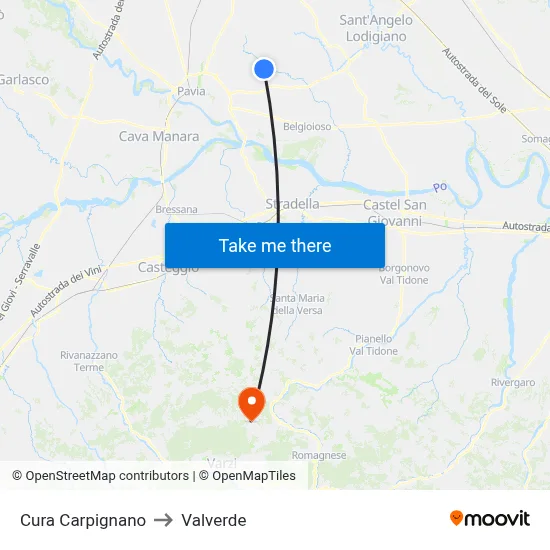 Cura Carpignano to Valverde map