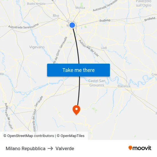 Milan Repubblica to Valverde map