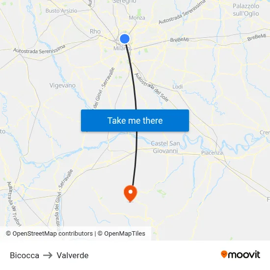 Bicocca to Valverde map