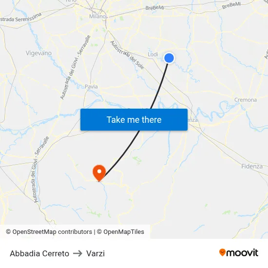 Abbadia Cerreto to Varzi map