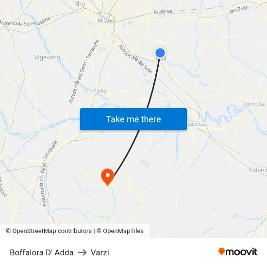 Boffalora D'Adda to Varzi map