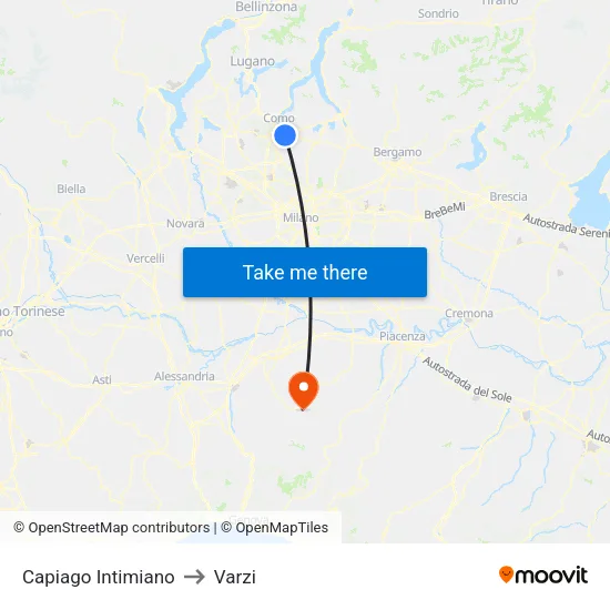 Capiago Intimiano to Varzi map
