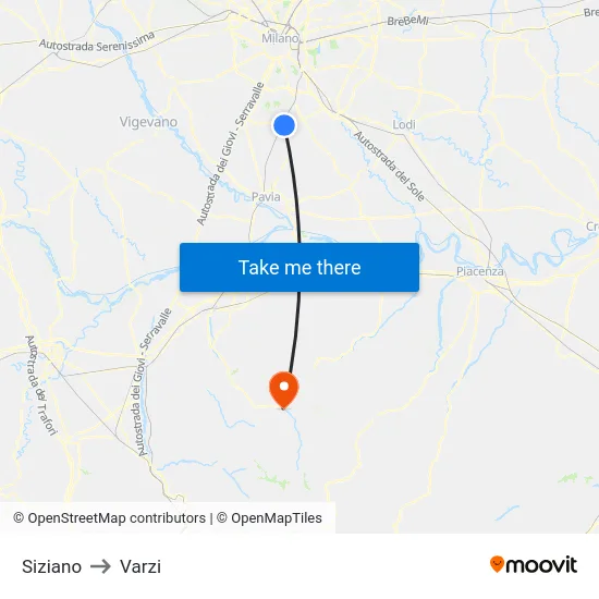 Siziano to Varzi map