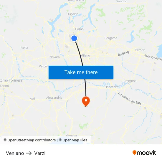 Veniano to Varzi map