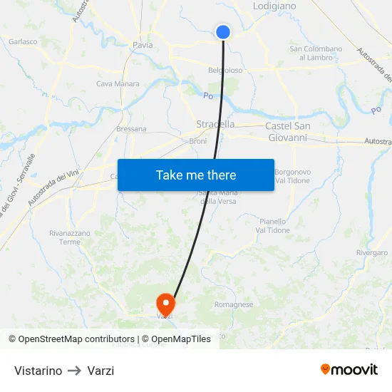 Vistarino to Varzi map