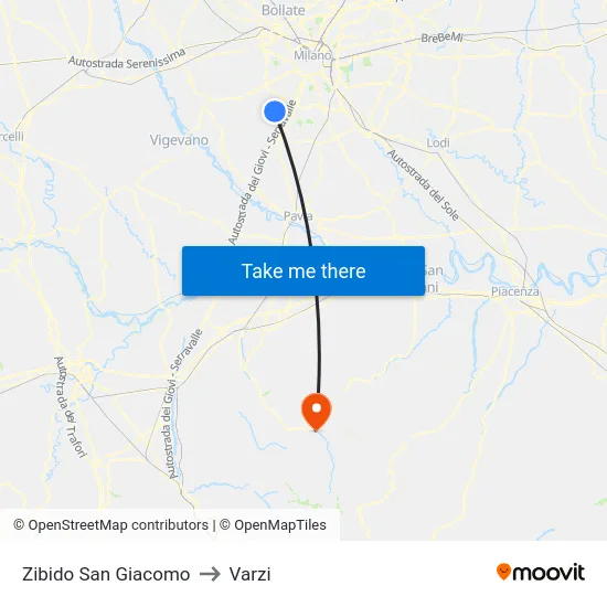Zibido San Giacomo to Varzi map