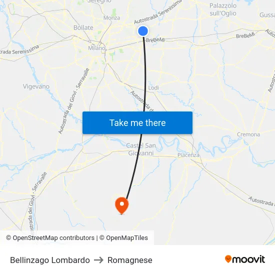 Bellinzago Lombardo to Romagnese map