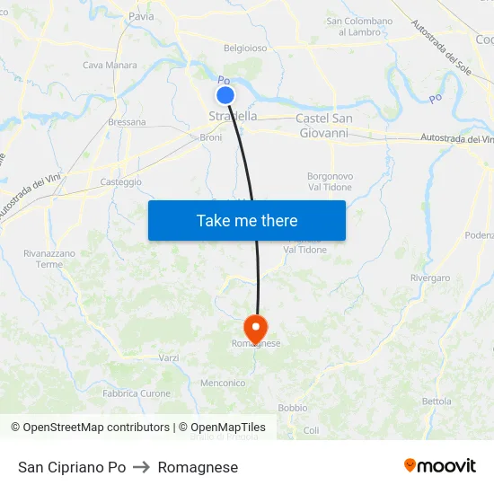 San Cipriano Po to Romagnese map