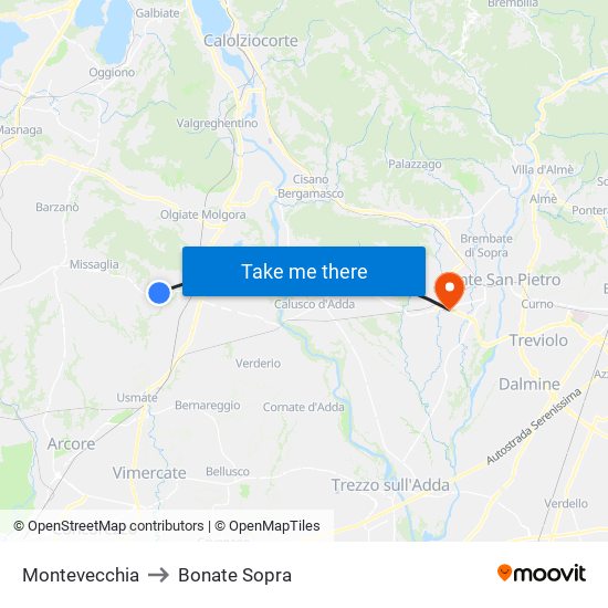 Montevecchia to Bonate Sopra map