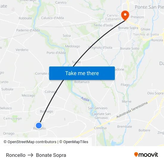 Roncello to Bonate Sopra map