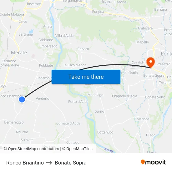 Ronco Briantino to Bonate Sopra map