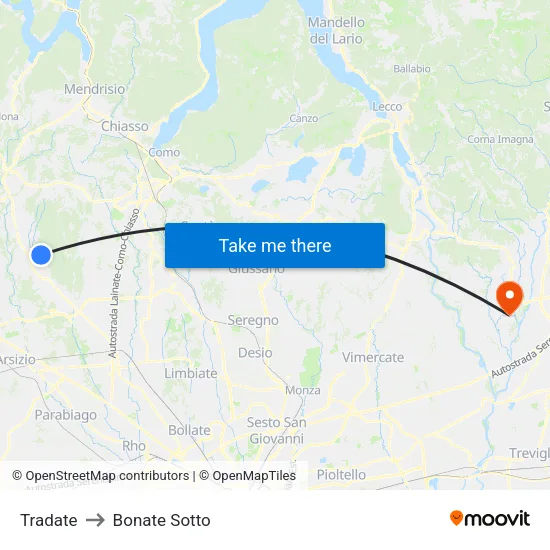 Tradate to Bonate Sotto map