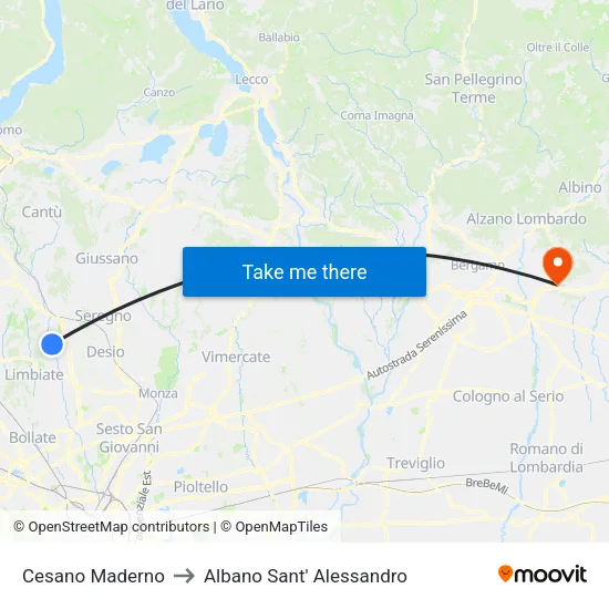 Cesano Maderno to Albano Sant' Alessandro map