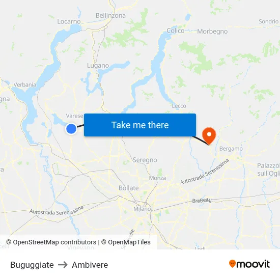 Buguggiate to Ambivere map