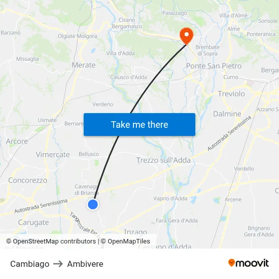 Cambiago to Ambivere map