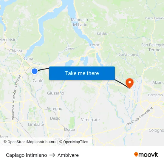 Capiago Intimiano to Ambivere map