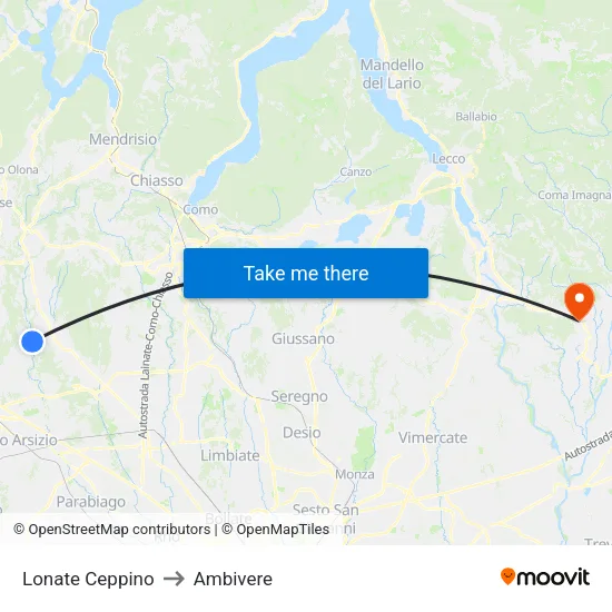 Lonate Ceppino to Ambivere map