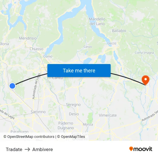 Tradate to Ambivere map