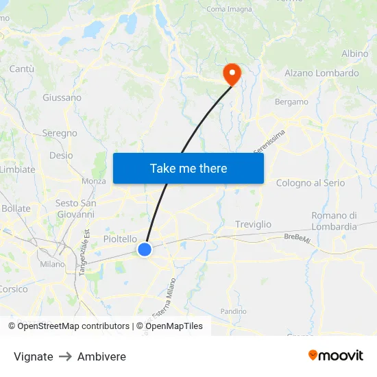 Vignate to Ambivere map