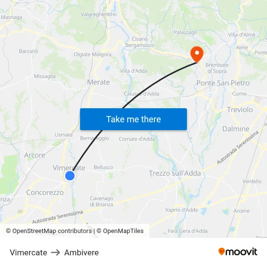 Vimercate to Ambivere map