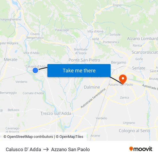 Calusco D' Adda to Azzano San Paolo map
