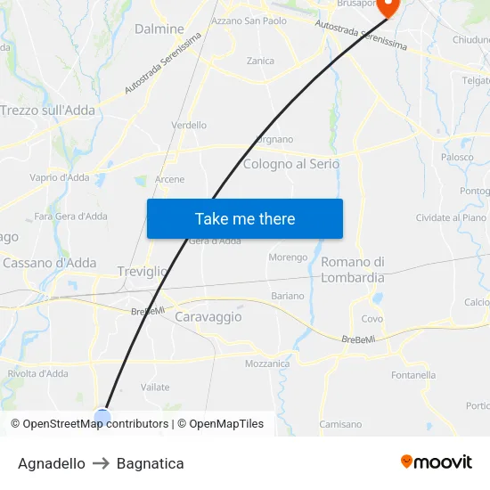 Agnadello to Bagnatica map