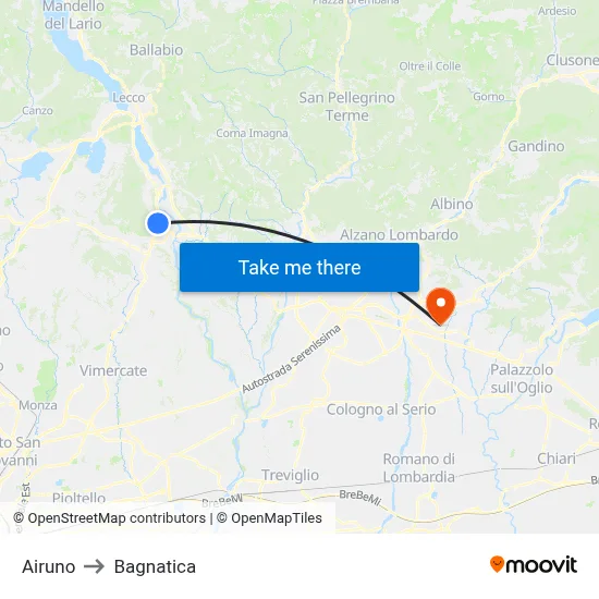 Airuno to Bagnatica map
