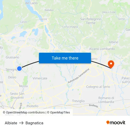 Albiate to Bagnatica map