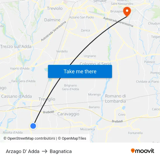 Arzago D' Adda to Bagnatica map