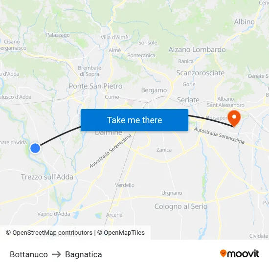 Bottanuco to Bagnatica map