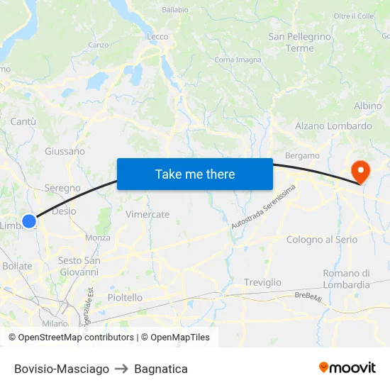Bovisio-Masciago to Bagnatica map