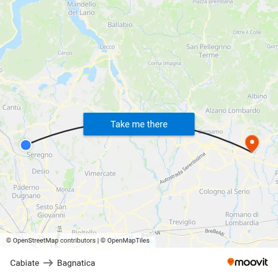 Cabiate to Bagnatica map