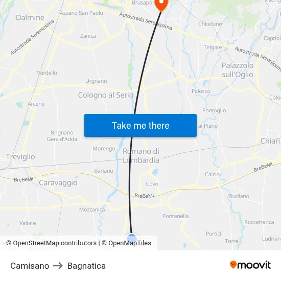 Camisano to Bagnatica map