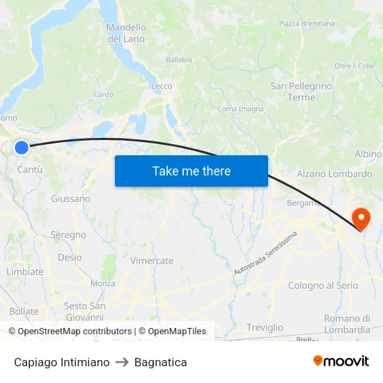 Capiago Intimiano to Bagnatica map