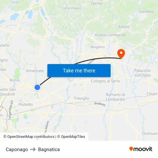 Caponago to Bagnatica map