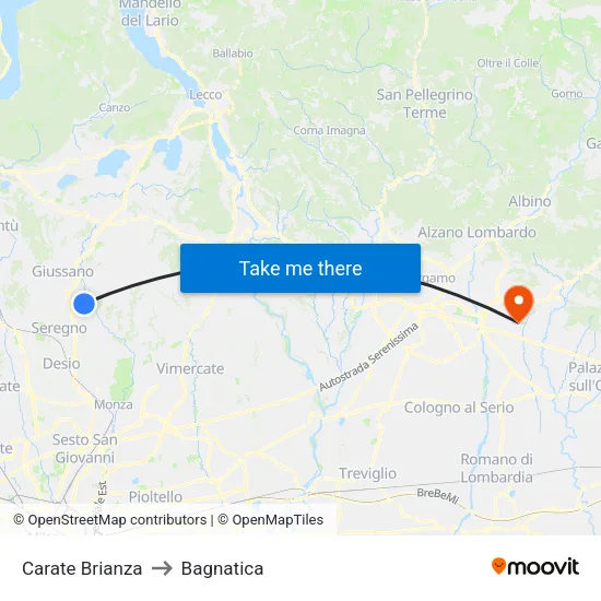 Carate Brianza to Bagnatica map