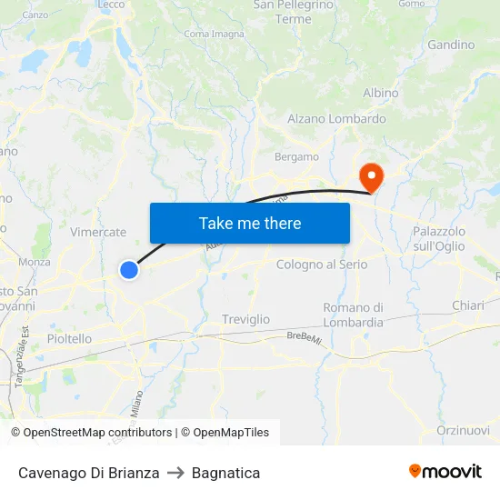 Cavenago Di Brianza to Bagnatica map