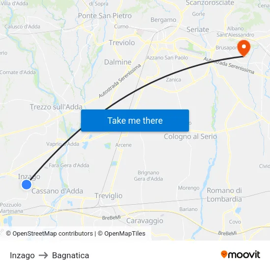 Inzago to Bagnatica map