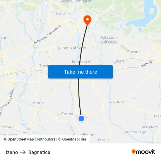 Izano to Bagnatica map
