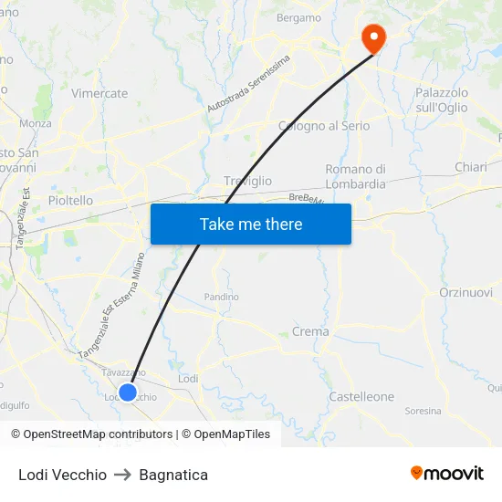 Lodi Vecchio to Bagnatica map