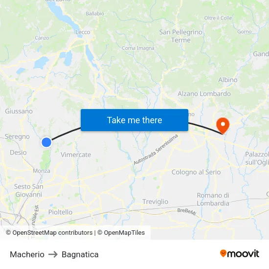 Macherio to Bagnatica map