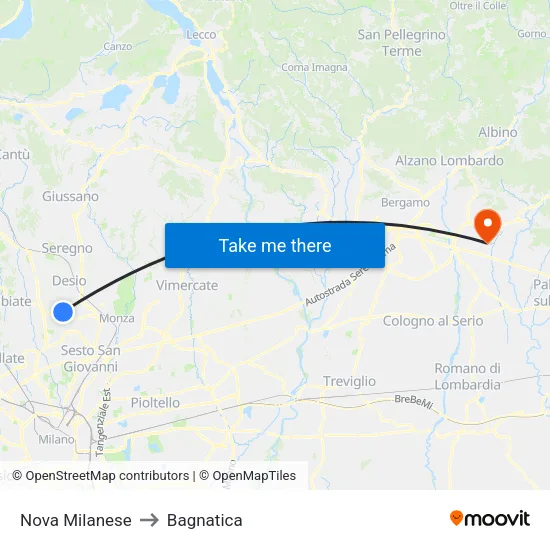 Nova Milanese to Bagnatica map