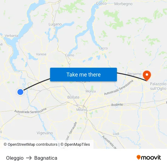 Oleggio to Bagnatica map