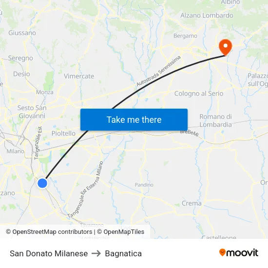 San Donato Milanese to Bagnatica map