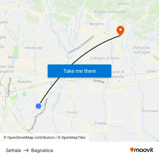 Settala to Bagnatica map